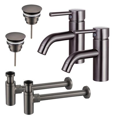 Fortifura Calvi Wastafelkraanset - voor dubbele wastafel - lage wastafelkraan - always open plug - design sifon - Geborsteld Gunmetal PVD 2x SW766540/2x SW769487/2x SW767297