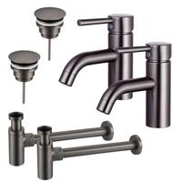Fortifura Calvi Wastafelkraanset - voor dubbele wastafel - lage wastafelkraan - always open plug - design sifon - Geborsteld Gunmetal PVD 2x SW766540/2x SW769487/2x SW767297