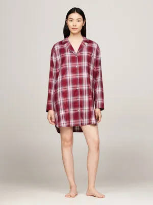 Tommy Hilfiger Dames flanellen nachthemd lange mouw - Ruit Rood - Knoopsluiting