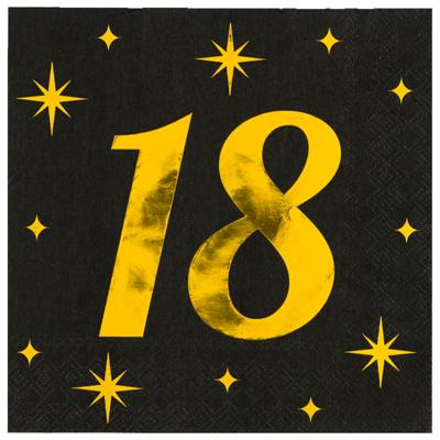 Verjaardag feest servetten - leeftijd 18 jaar - 16x stuks - zwart/goud - sterren - 33 x 33 cm