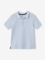Poloshirt met korte mouwen voor jongens met borduurwerk op de borst hemelblauw