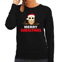 Leuke dieren Kersttrui christmas uil Kerst sweater zwart voor dames - thumbnail