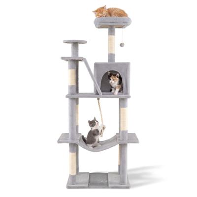 Krabpaal 158 cm Hoge Kattenkoepel met Meerdere Verdiepingen met Zachte Uitkijkplaats Bovenaan Hol Hangmat Sisal Krabpaal & Helling & Hangtouw Bungelende Bal-Lichtgrijs