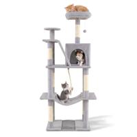Krabpaal 158 cm Hoge Kattenkoepel met Meerdere Verdiepingen met Zachte Uitkijkplaats Bovenaan Hol Hangmat Sisal Krabpaal & Helling & Hangtouw Bungelende Bal-Lichtgrijs