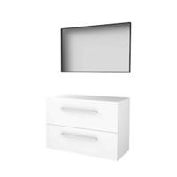 Basic-Line Framed 46 Badkamermeubelset - 100 x 46 cm - Met Grepen - 2 Lades - Wastafelblad - Spiegel met Zwart Aluminium Frame - Ice White