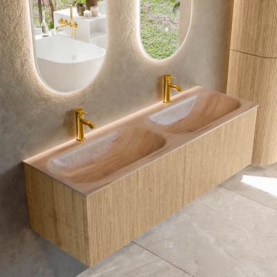 Badmeubel Mondiaz Kurve-Dlux | 140 cm | Meubelkleur Oak | Wastafelkleur Saba | Solid surface | Wasbak beide zijden spoelbak | 2 kraangaten