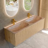 Badmeubel Mondiaz Kurve-Dlux | 140 cm | Meubelkleur Oak | Wastafelkleur Saba | Solid surface | Wasbak beide zijden spoelbak | 2 kraangaten