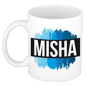 Naam cadeau mok / beker Misha met blauwe verfstrepen 300 ml