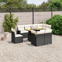 9-delige Loungeset met kussens poly rattan zwart
