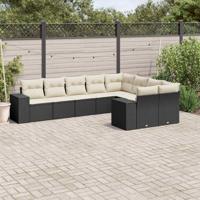 9-delige Loungeset met kussens poly rattan zwart
