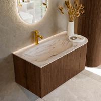 Badmeubel Mondiaz Kurve-Dlux | 95 cm | Meubelkleur Walnut | Wastafelkleur Nata | Solid surface | Wasbak linker zijde spoelbak | 1 kraangat