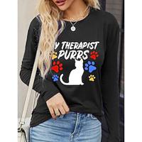 Dames T-shirt 100% katoen Kat Brief Afdrukken Dagelijks Modieus Basic Lange mouw Strakke ronde hals Zwart Lente Herfst Lightinthebox - thumbnail