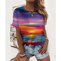 Dames T-shirt Afdrukken Casual Dagelijks Feestdagen Basic Korte mouw Ronde hals Paars Lightinthebox - thumbnail