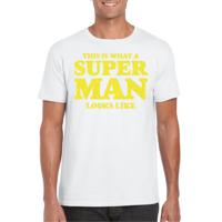 Verkleed T-shirt voor heren - super man - wit - glitter geel - carnaval/themafeest - Vaderdag