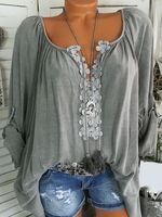 Long Sleeve Casual Solid V neck Blouse - thumbnail