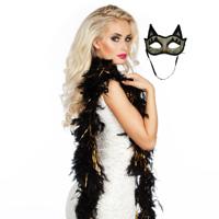 Carnaval gemaskerd bal verkleed set - Venetiaans katten oogmasker goud/zwart - Boa zwart/goud