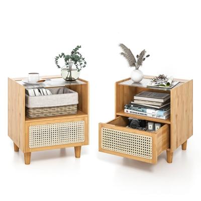 Nachtkastje Rotan Nachtkastje van Bamboe met Lade Bijzettafel met Glazen Tafelblad en Open Vak Sofatafel (Set van 2 Natuurlijke)
