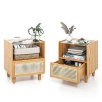 Nachtkastje Rotan Nachtkastje van Bamboe met Lade Bijzettafel met Glazen Tafelblad en Open Vak Sofatafel (Set van 2 Natuurlijke)