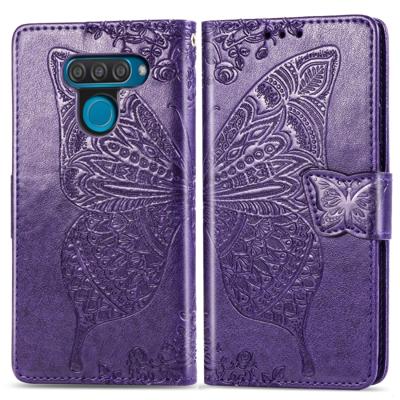Butterfly Love bloemen reliëf horizontale Flip lederen case voor LG q60 met houder & kaartsleuven & portemonnee & Lanyard (donker paars)