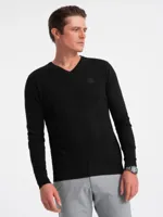 Ombre - Heren V-Hals Sweater - Ribgebreide Boorden - Zwart - Italianstyle
