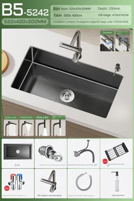Luxe Waterval Keukenspoelbak - Zwart RVS | Enkelbak | Onderbouw | Inclusief Kraan & Zeepdispenser