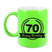 Happy Birthday 70 years cadeau mok / beker neon groen met wimpel 330 ml Happy Birthday 70 years cadeau mok / beker neon groen met wimpel 330 ml