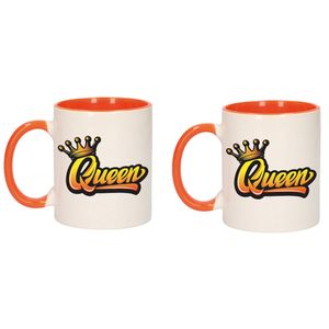 2x stuks mok/ beker wit en oranje Koningsdag Queen met kroon 300 ml - feest mokken