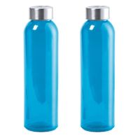 2x Stuks glazen waterfles/drinkfles blauw transparant met Rvs dop 550 ml