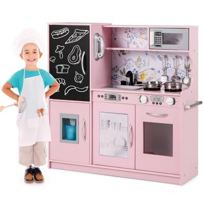 Kinderkeuken met 10 Speelaccessoires Speelkeuken voor Kinderen met Bord Magnetron Ijsmachine Vaatwasser en Oven Roze+Zwart