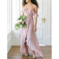 A-lijn Bruidsmeisjesjurk Schouderafhangend Korte mouw Elegant Asymmetrisch Chiffon met Geplooid / Split voorzijde / Ruches 2022 Lightinthebox