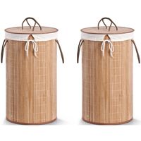2x Ronde luxe wasgoedmanden van bamboe hout 35 x 60 cm - Wasmanden - thumbnail