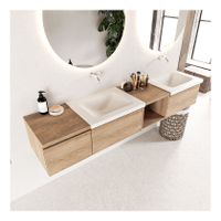 Mondiaz Bukla 200cm badmeubel met open module 40 rechts kleur washed oak 3 lades wastafel dubbel zonder kraangat kleur talc