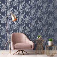 DUTCH WALLCOVERINGS DUTCH WALLCOVERINGS Behang Peacock marineblauw en zilverkleurig