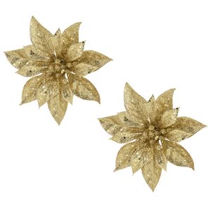 2x stuks decoratie bloemen kerstster goud glitter op clip 15 cm - Kunstbloemen