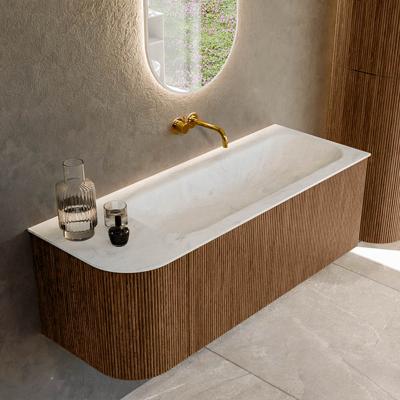 Mondiaz KURVE-DLUX 125 cm Onderkast Greeploos 1 Lade Met Deuren Walnut, Wastafel Solid Surface Rechts Opalo 0 Kraangaten Zonder Spiegel (KRVBGM125L1L1D0KR-Wal/Opa)