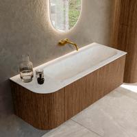 Mondiaz KURVE-DLUX 125 cm Onderkast Greeploos 1 Lade Met Deuren Walnut, Wastafel Solid Surface Rechts Opalo 0 Kraangaten Zonder Spiegel (KRVBGM125L1L1D0KR-Wal/Opa)