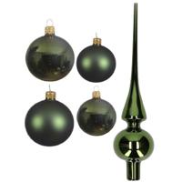 Glazen kerstballen pakket donkergroen glans/mat 38x stuks 4 en 6 cm met piek glans - Kerstbal