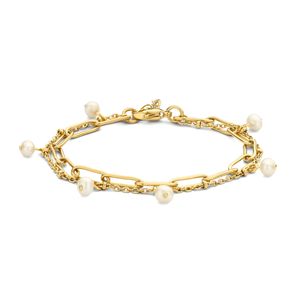 Armband Parel staal-zoetwaterparel goudkleurig-wit 4 mm 16-19 cm