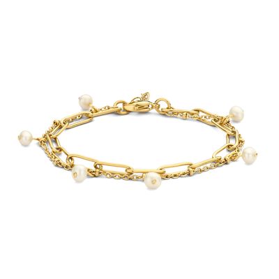 Armband Parel staal-zoetwaterparel goudkleurig-wit 4 mm 16-19 cm