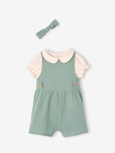 3-delige babyset T-shirt, jumpsuit en hoofdband personaliseerbaar saliegroen