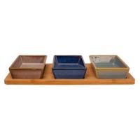 Serveerplank - 31 x 15 cm - bamboe hout - met 3 luxe hapjes/saus/tapas schaaltjes