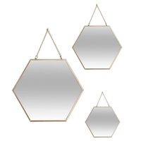 Set van 3x spiegels/wandspiegels hexagon metaal goud met ketting - thumbnail