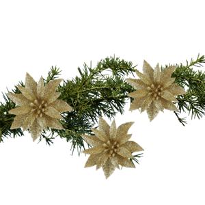 Kerstboom bloemen op clip - 3x stuks - goud - 10 cm - kunststof - kerstornamenten