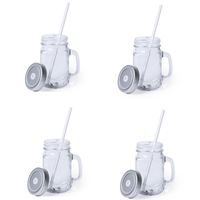 4x stuks glazen Mason Jar drinkbekers zilver dop/rietje 500 ml