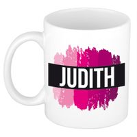 Judith  naam / voornaam kado beker / mok roze verfstrepen - Gepersonaliseerde mok met naam   -