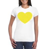 Verkleed T-shirt voor dames - hartje - wit - geel glitter - carnaval/themafeest - thumbnail