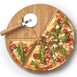 2x Houten pizza snijplanken/borden met pizzasnijder 32 cm