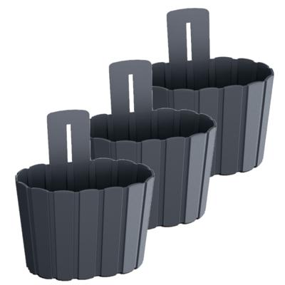 Muur plantenpot/bloempot houtlook - Set van 3x stuks - kunststof - 20 x 15 cm - antraciet