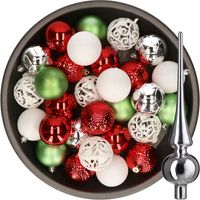 37x stuks kunststof kerstballen 6 cm incl. glazen piek wit-rood-zilver-groen - thumbnail