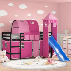 Kinderhoogslaper met toren 80x200 cm massief grenenhout roze SKU: V3207098